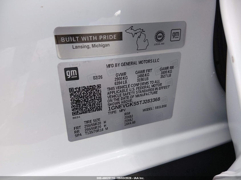 CHEVROLET TRAVERSE 2026 VIN 1GNEVGKS5TJ283368