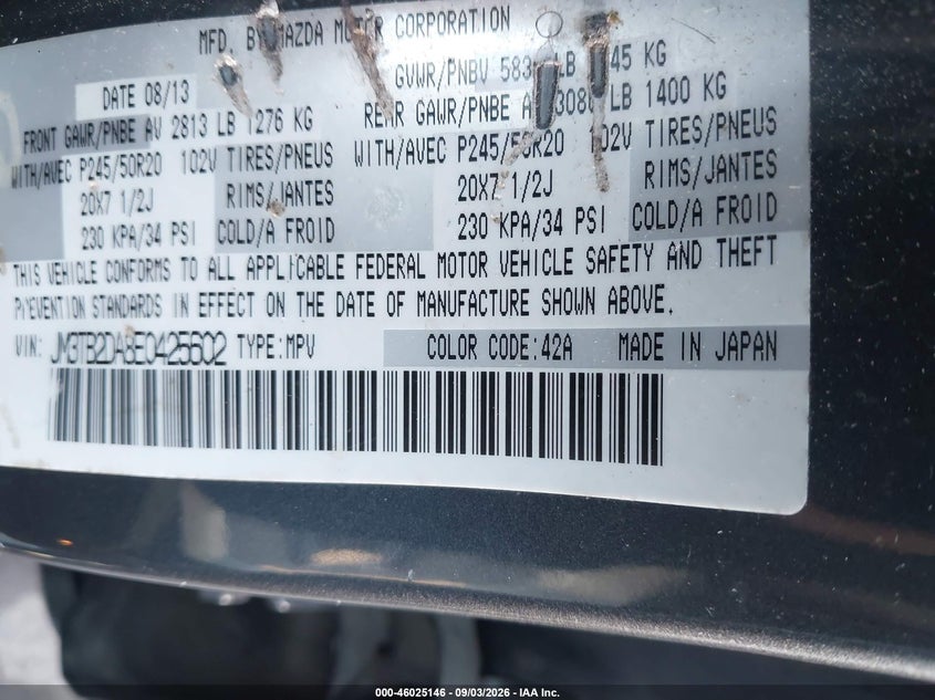 MAZDA CX-9 2014 VIN JM3TB2DA8E0425602