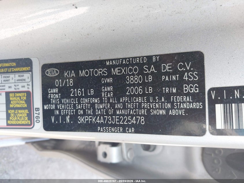 KIA FORTE 2018 VIN 3KPFK4A73JE225478