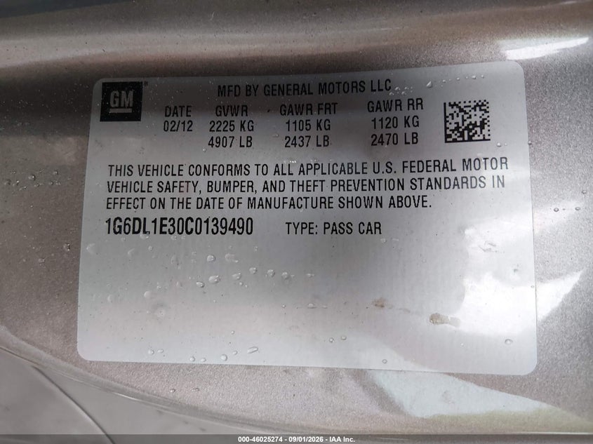 CADILLAC CTS 2012 VIN 1G6DL1E30C0139490