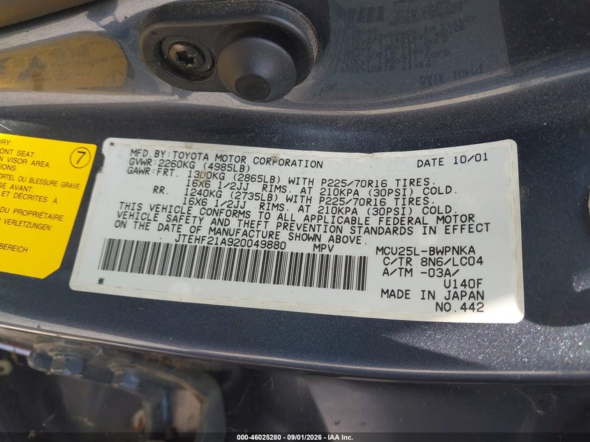 TOYOTA HIGHLANDER 2002 VIN JTEHF21A920049880