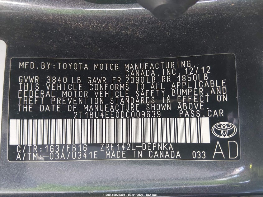 2013 TOYOTA COROLLA SEDAN 1.8L I-4 DOHC, VVT, REGULAR , 132HP