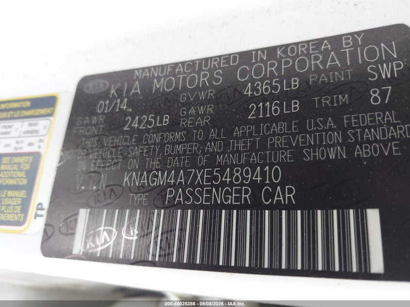 KIA OPTIMA 2014 VIN KNAGM4A7XE5489410