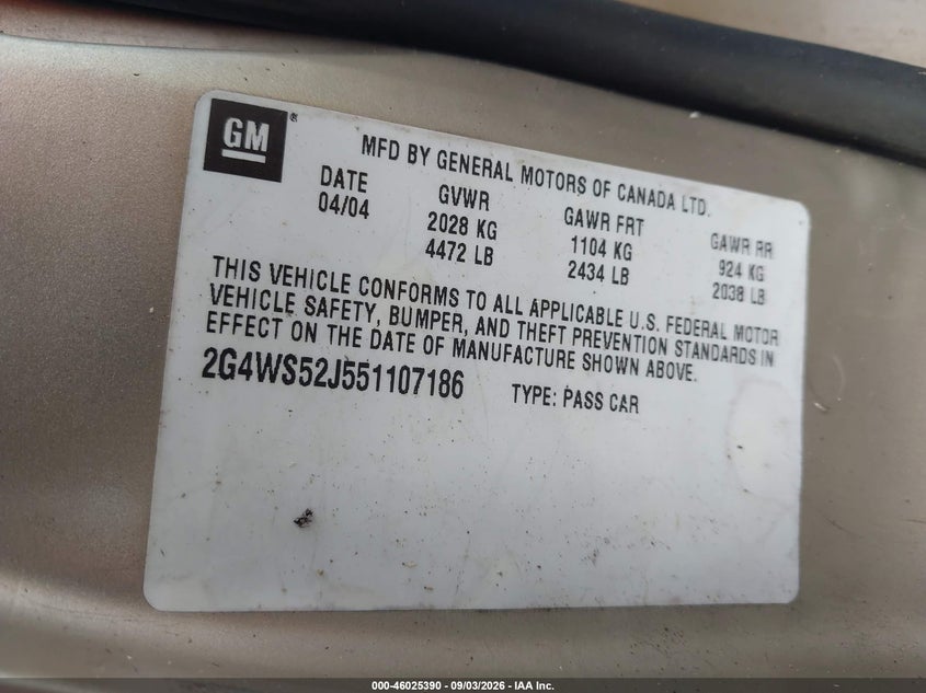BUICK CENTURY 2005 VIN 2G4WS52J551107186
