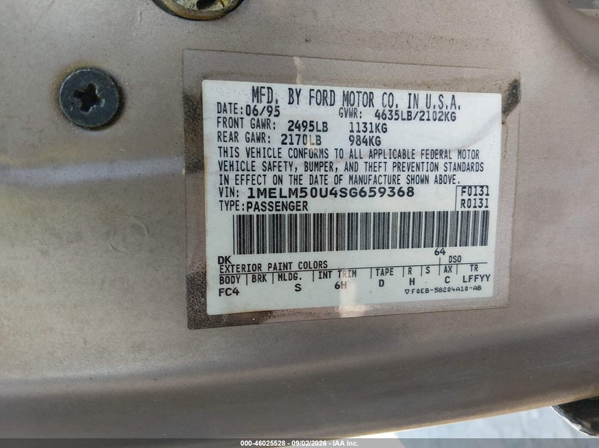 1995 MERCURY SABLE SEDAN 3.0L V6 FI F