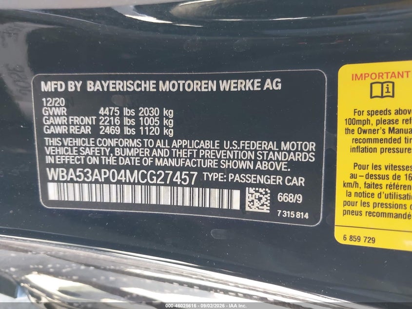 BMW 430I 2021 VIN WBA53AP04MCG27457