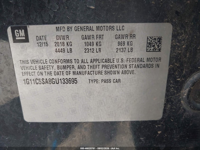 CHEVROLET MALIBU LIMITED 2016 VIN 1G11C5SA8GU133695