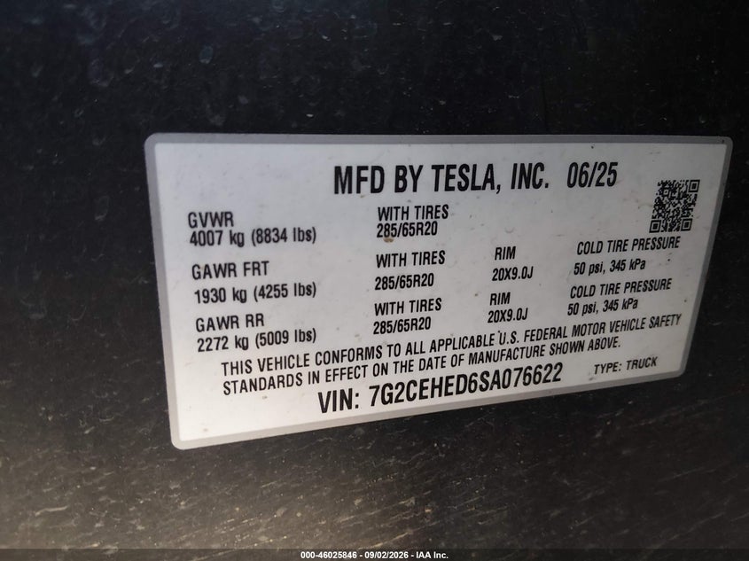 TESLA CYBERTRUCK 2025 VIN 7G2CEHED6SA076622