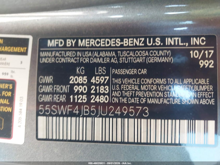 MERCEDES-BENZ C 300 2018 VIN 55SWF4JB5JU249573