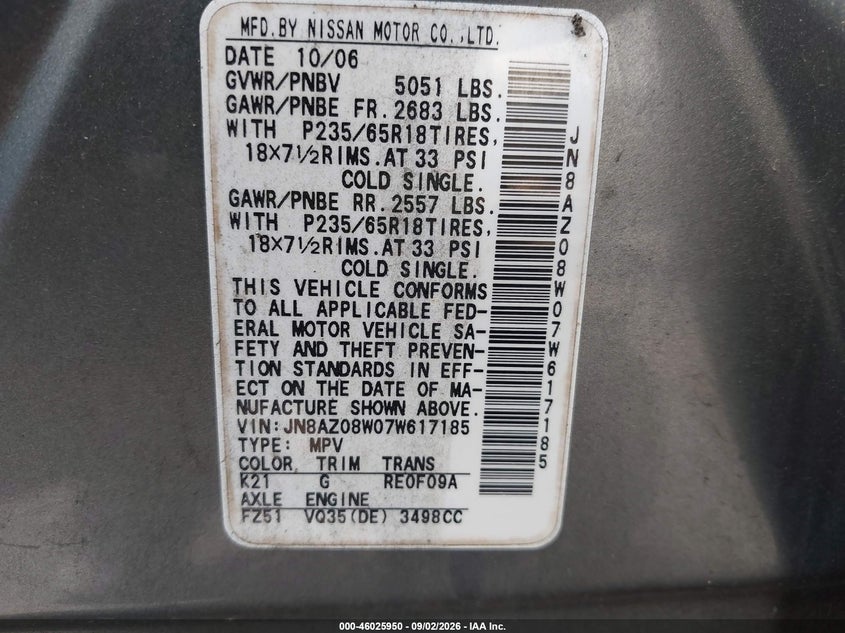 NISSAN MURANO 2007 VIN JN8AZ08W07W617185
