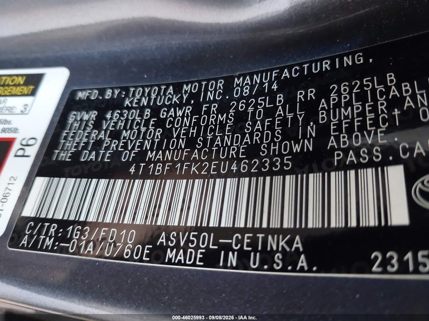 TOYOTA CAMRY 2014 VIN 4T1BF1FK2EU462335