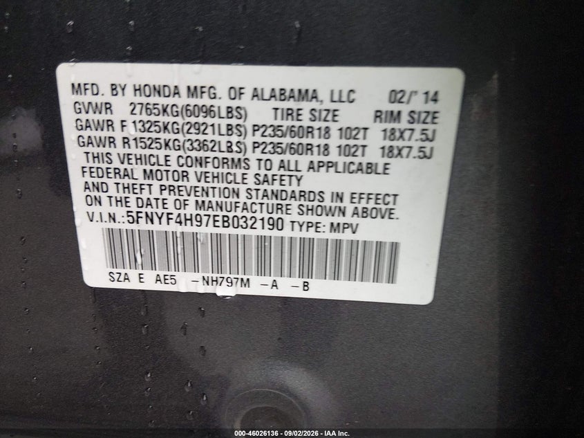 HONDA PILOT 2014 VIN 5FNYF4H97EB032190