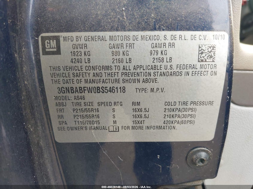 CHEVROLET HHR 2011 VIN 3GNBABFW0BS546118