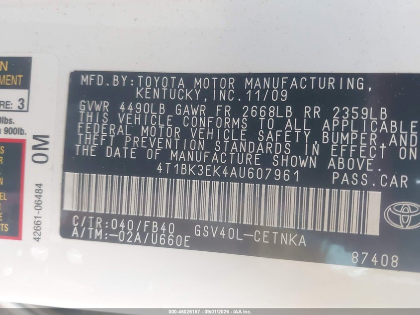 TOYOTA CAMRY 2010 VIN 4T1BK3EK4AU607961
