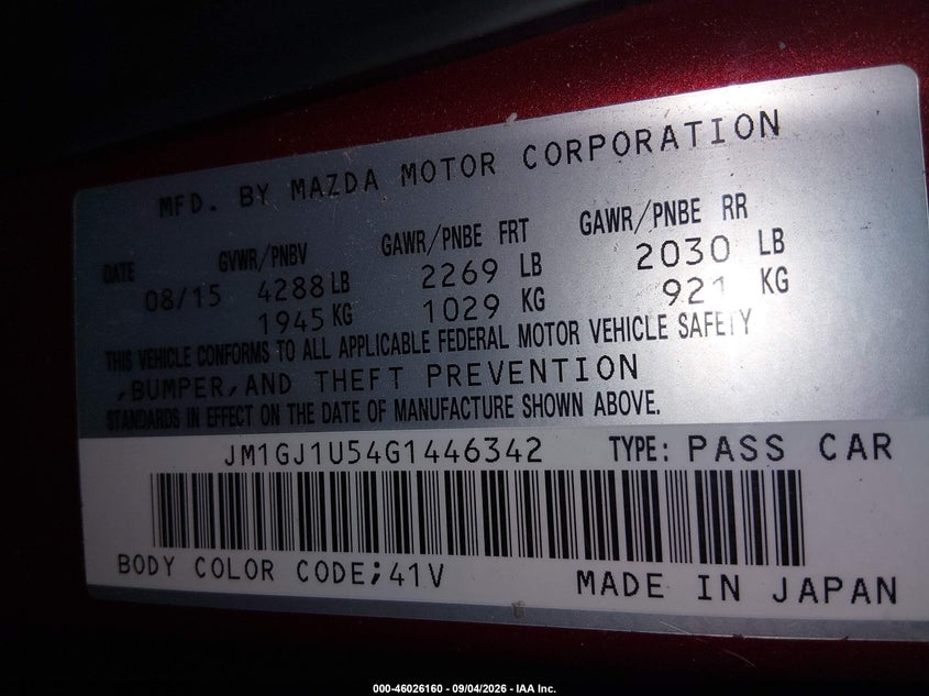 MAZDA MAZDA6 2016 VIN JM1GJ1U54G1446342