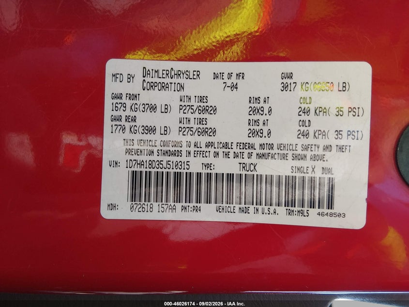 DODGE RAM 1500 2005 VIN 1D7HA18D35J510315