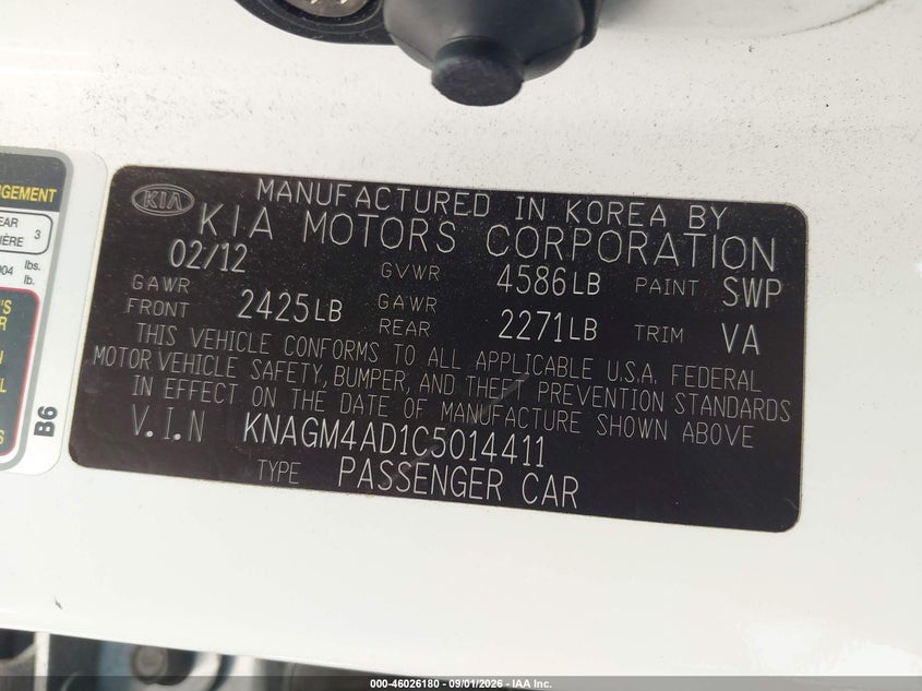 2012 KIA OPTIMA SEDAN 2.4L I-4 DOHC, VVT, REGULAR , 166HP