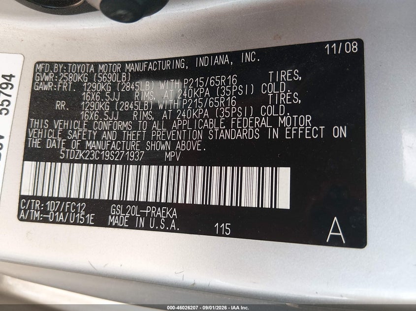 2009 TOYOTA SIENNA VAN 3.5L V-6 DOHC, VVT, REGULAR , 266HP