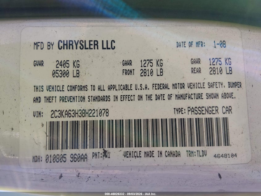 2008 CHRYSLER 300C SEDAN 5.7L V-8 REGULAR , 340HP