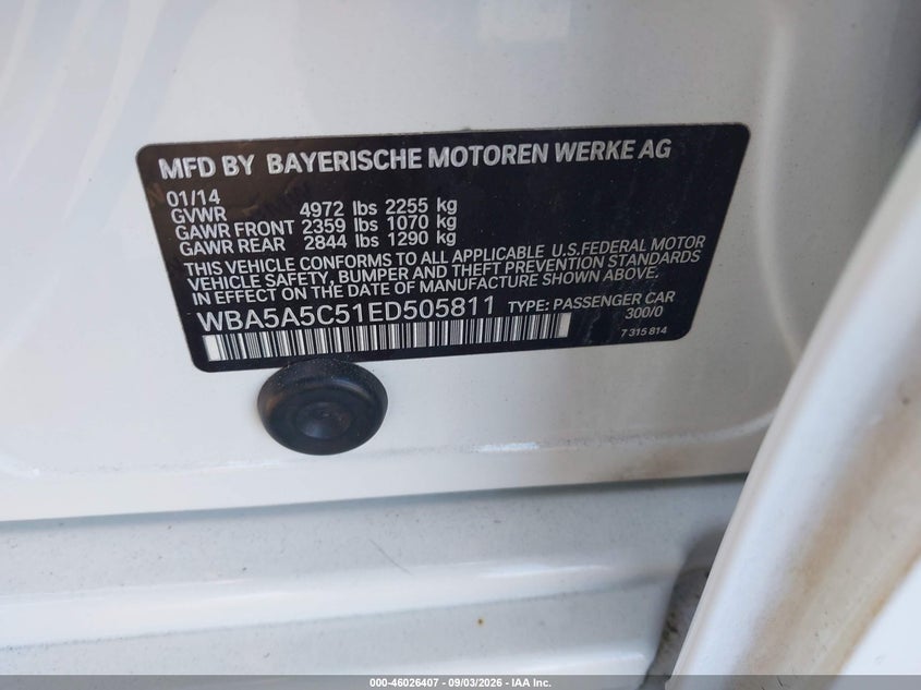 BMW 528I 2014 VIN WBA5A5C51ED505811