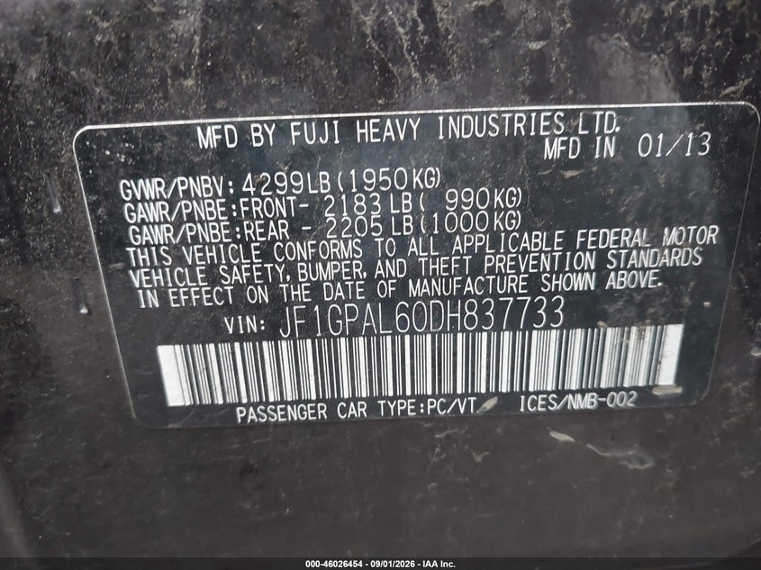 2013 SUBARU IMPREZA HATCHBACK 2.0L H-4 DOHC, VVT, REGULAR , 148HP