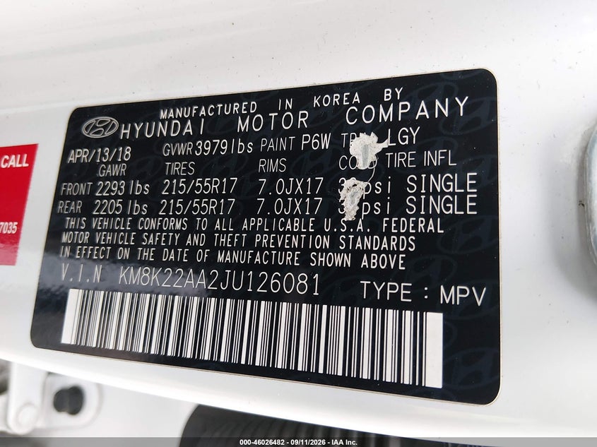 HYUNDAI KONA 2018 VIN KM8K22AA2JU126081