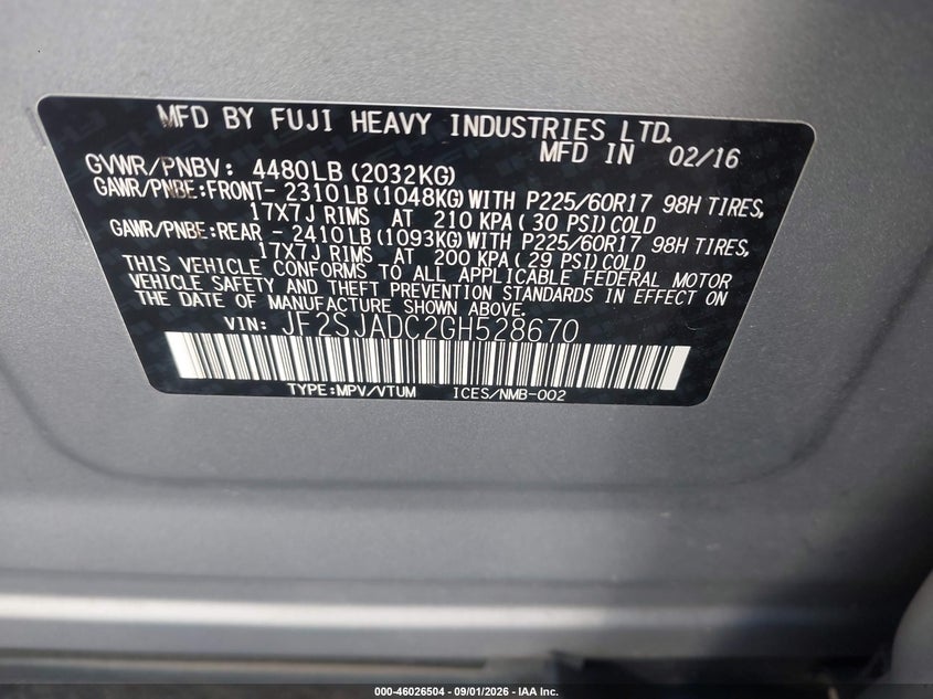 SUBARU FORESTER 2016 VIN JF2SJADC2GH528670