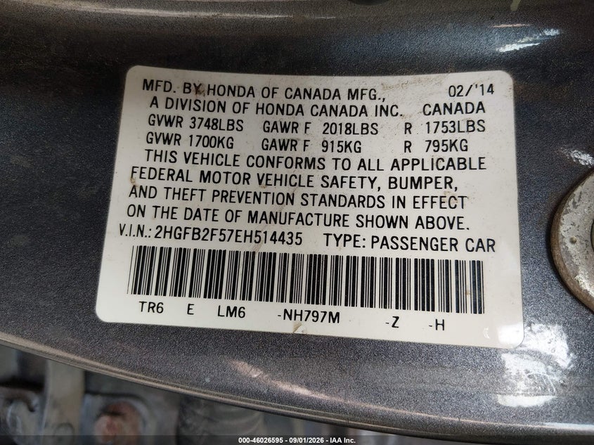 2014 HONDA CIVIC SEDAN 1.8L I-4 VVT, REGULAR , 143HP