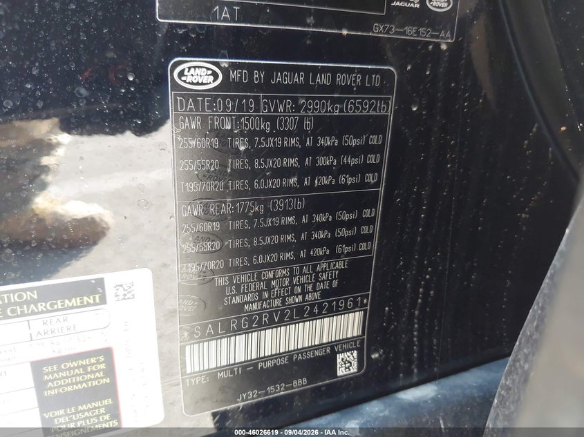 LAND-ROVER DISCOVERY 2020 VIN SALRG2RV2L2421961