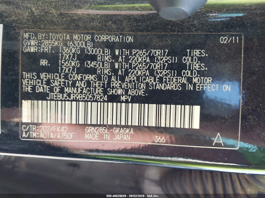 TOYOTA 4RUNNER 2011 VIN JTEBU5JR9B5057824