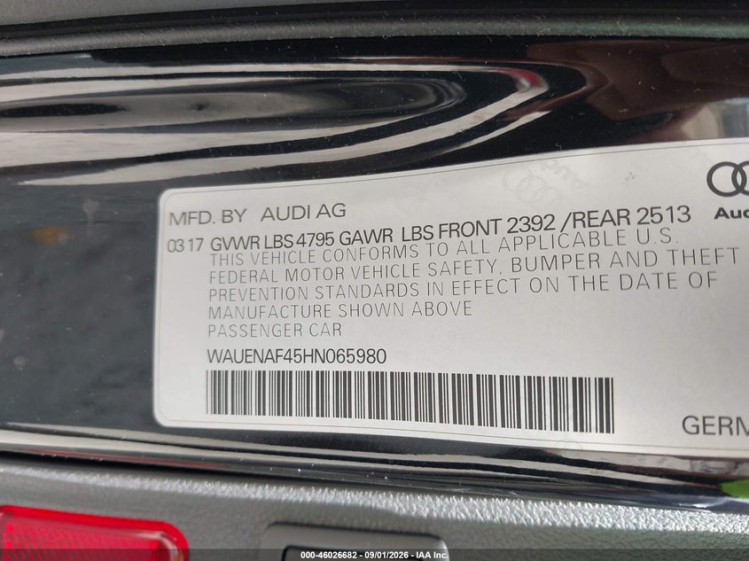 2017 AUDI A4 SEDAN 2.0L I-4 DI, DOHC, VVT, TURBO, PREMIUM , 252HP