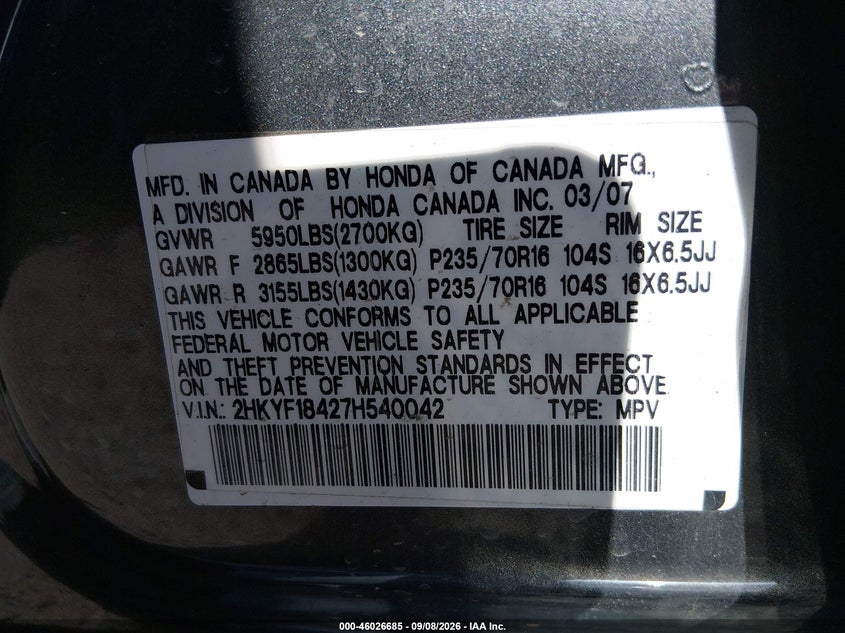 HONDA PILOT 2007 VIN 2HKYF18427H540042