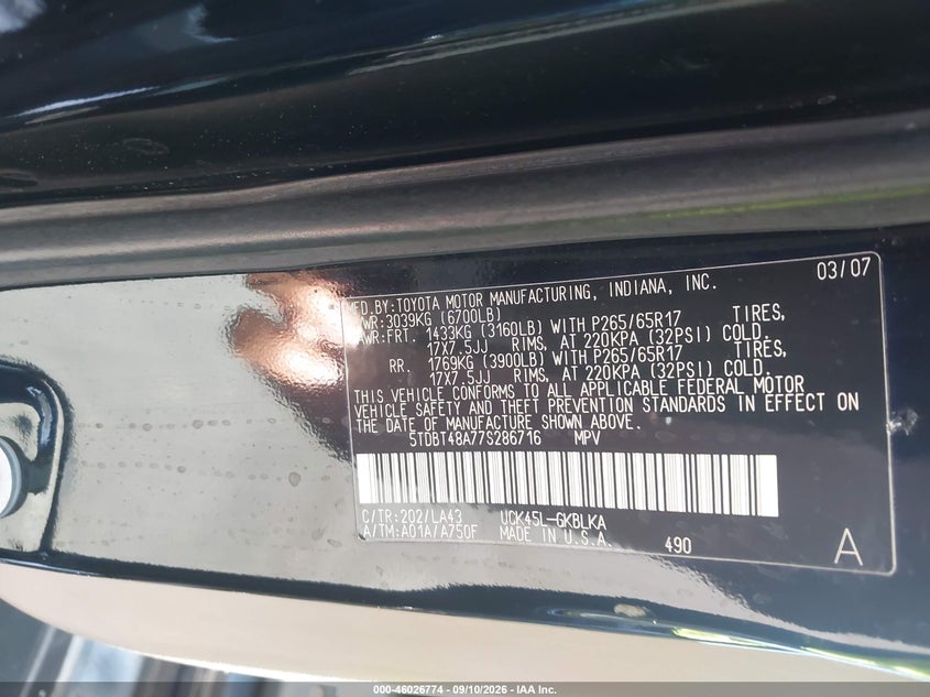 TOYOTA SEQUOIA 2007 VIN 5TDBT48A77S286716