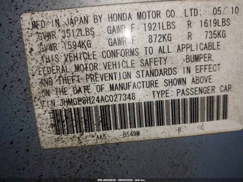 HONDA FIT 2010 VIN JHMGE8H24AC027348