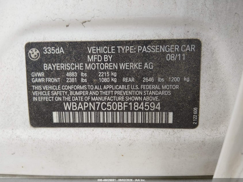 2011 BMW 3ER SEDAN 3.0L I-6 XXXXXX, DOHC, VVT, TURBO, 265HP