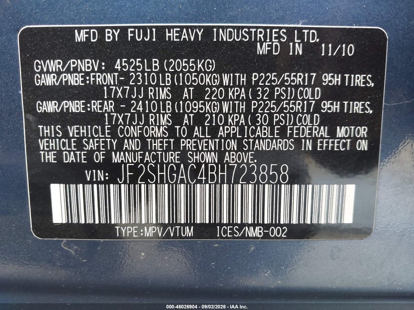 SUBARU FORESTER 2011 VIN JF2SHGAC4BH723858