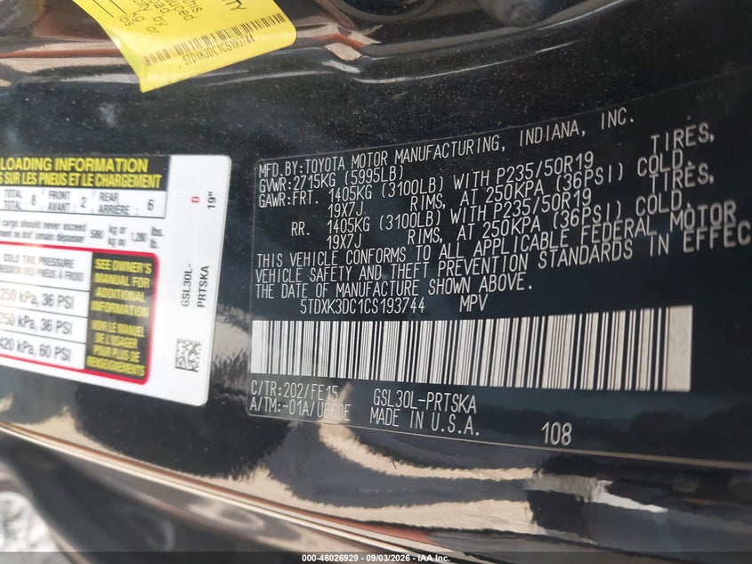 2012 TOYOTA SIENNA VAN 3.5L V-6 DOHC, VVT, REGULAR , 266HP