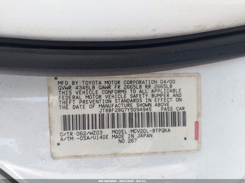 LEXUS ES 300 2000 VIN JT8BF28G7Y5094945