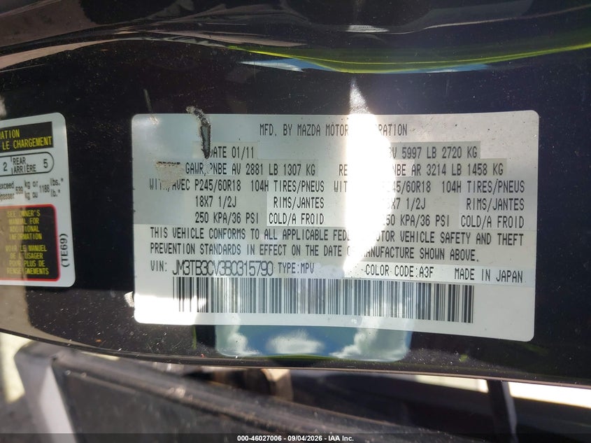 2011 MAZDA CX-9 SPORT UTILITY VEHICLE 3.7L V-6 DOHC, VVT, REGULAR , 273HP