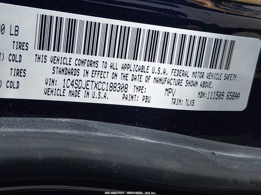 DODGE DURANGO 2012 VIN 1C4SDJETXCC188308