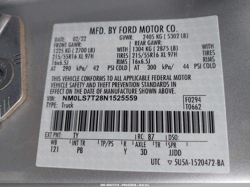 FORD TRANSIT CONNECT 2022 VIN NM0LS7T28N1525559