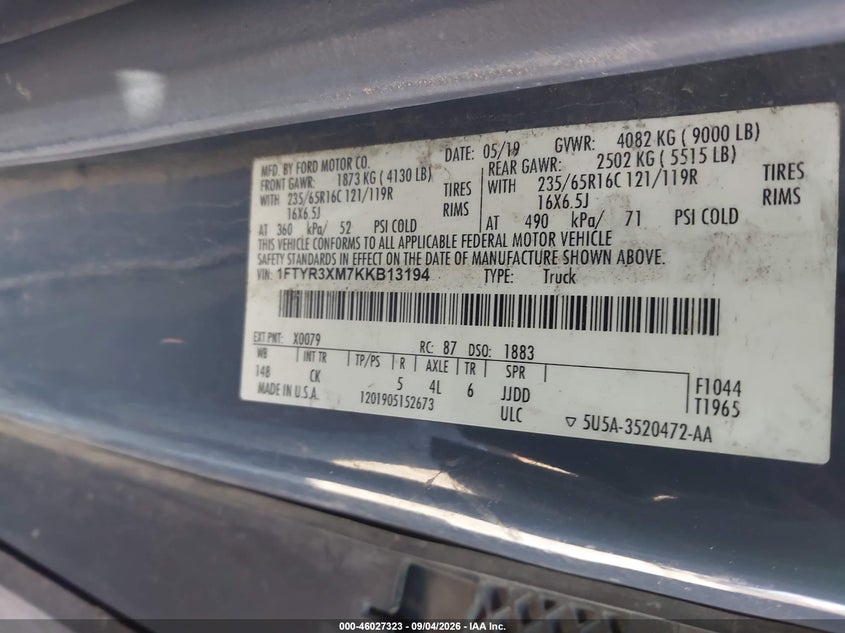 FORD TRANSIT-250 2019 VIN 1FTYR3XM7KKB13194
