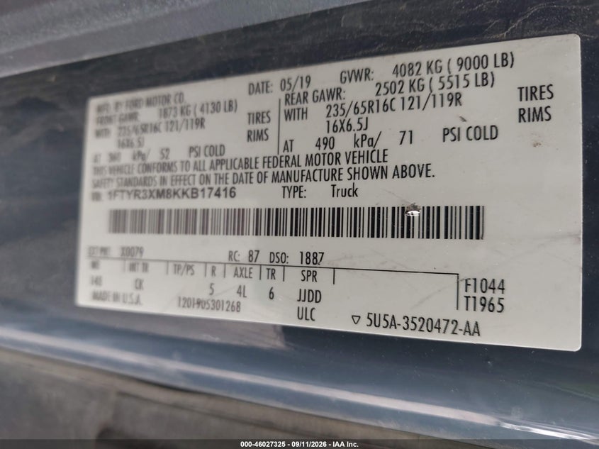 FORD TRANSIT-250 2019 VIN 1FTYR3XM8KKB17416