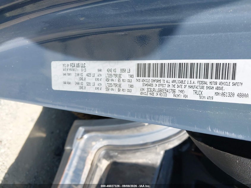 RAM PROMASTER 3500 2019 VIN 3C6URVJG6KE541796