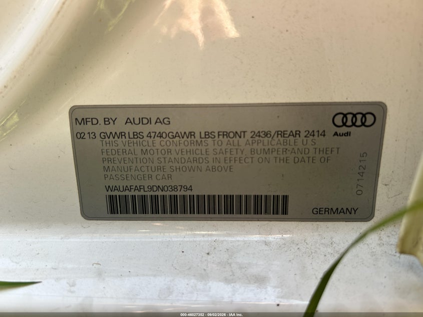 AUDI A4 2013 VIN WAUAFAFL9DN038794