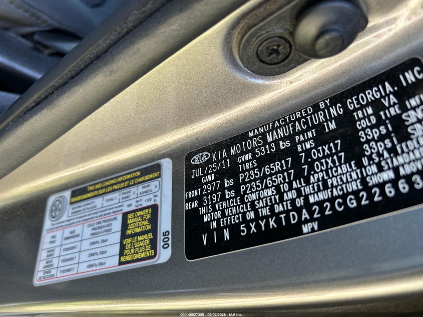 2012 KIA SORENTO SPORT UTILITY VEHICLE 3.5L V-6 DOHC, VVT, REGULAR , 276HP