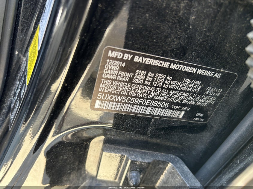 BMW X4 2015 VIN 5UXXW5C59F0E88506