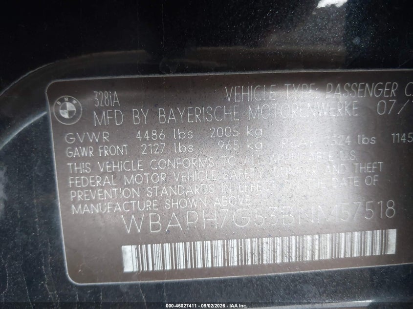 BMW 328I 2011 VIN WBAPH7G53BNM57518