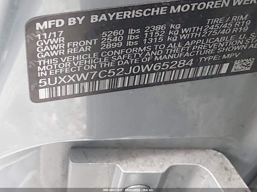 BMW X4 2018 VIN 5UXXW7C52J0W65284