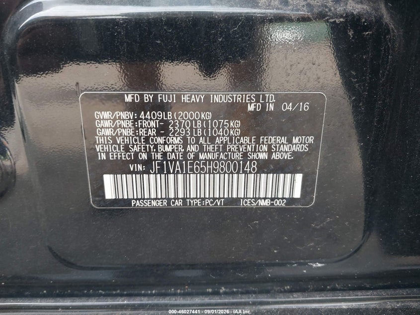 SUBARU WRX 2017 VIN JF1VA1E65H9800148